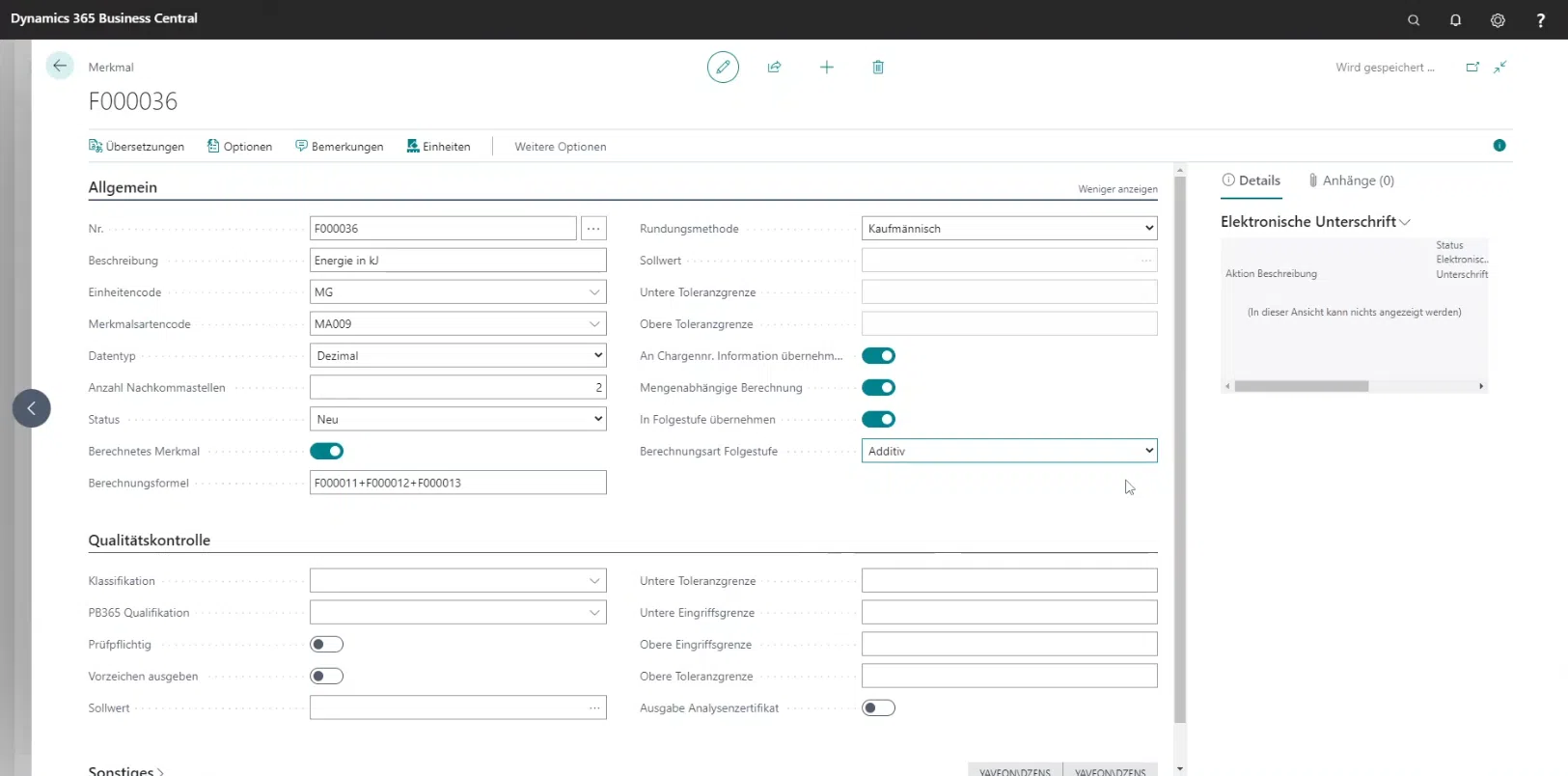 Screenshot Merkmalsverwaltung aus der Research & Development App