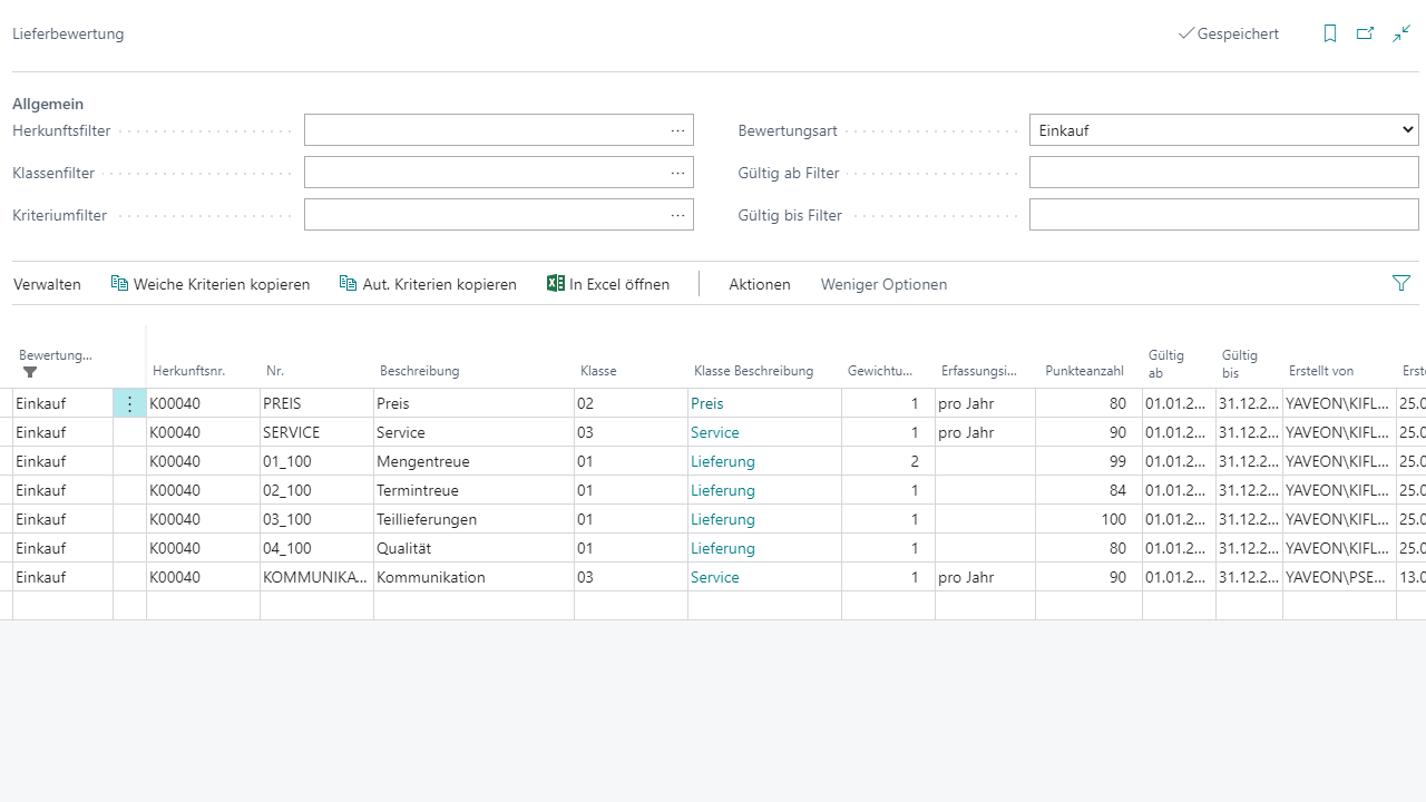 Screenshot von der Lieferbewertung aus der Vendor Scorecard