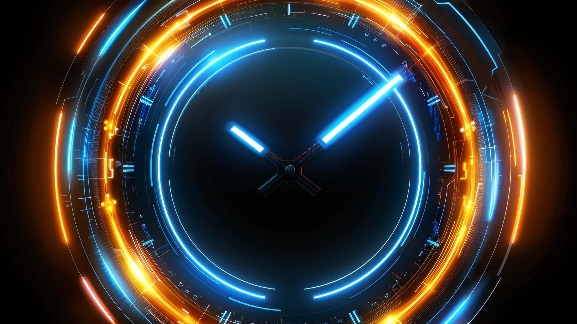 Digital dial with blue and orange light rings.