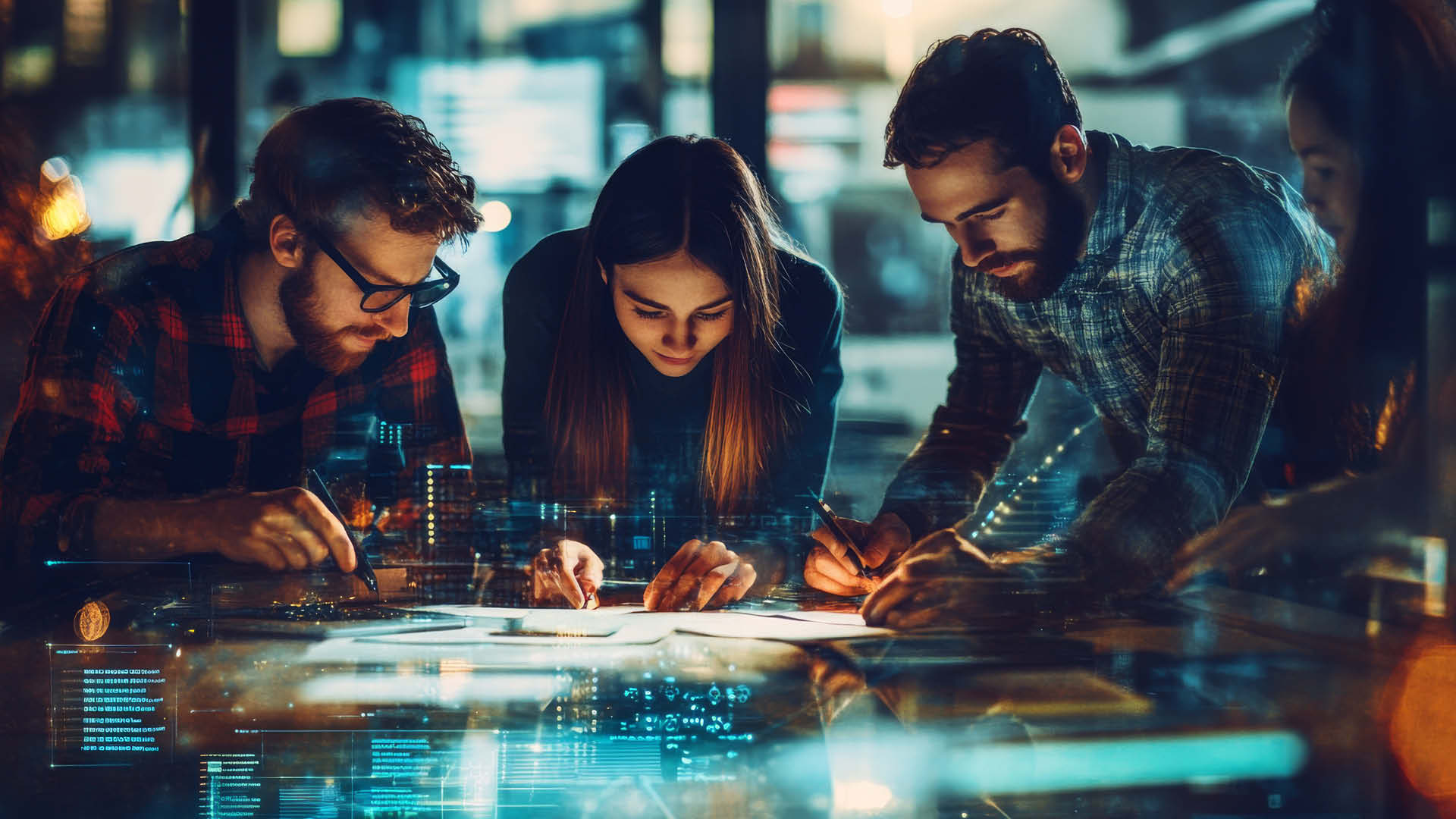 Teamwork at a table with digital overlay elements.