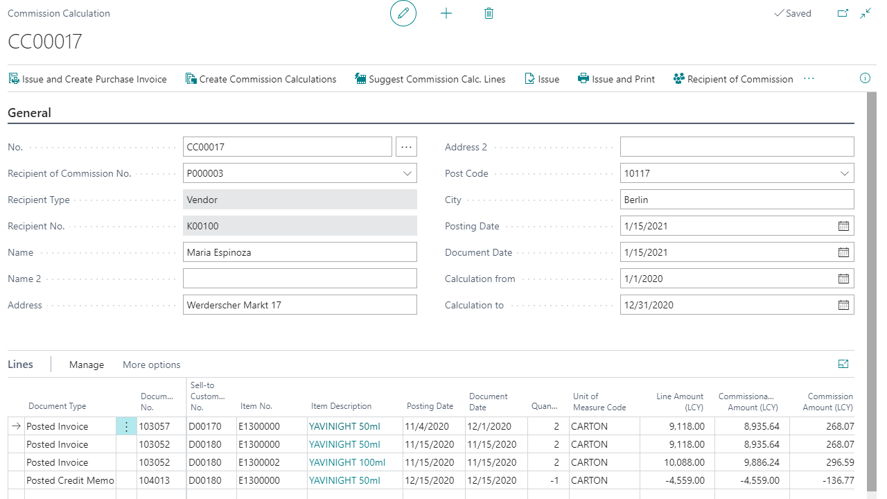 Commission calculation screen with vendor details and transaction lines.
