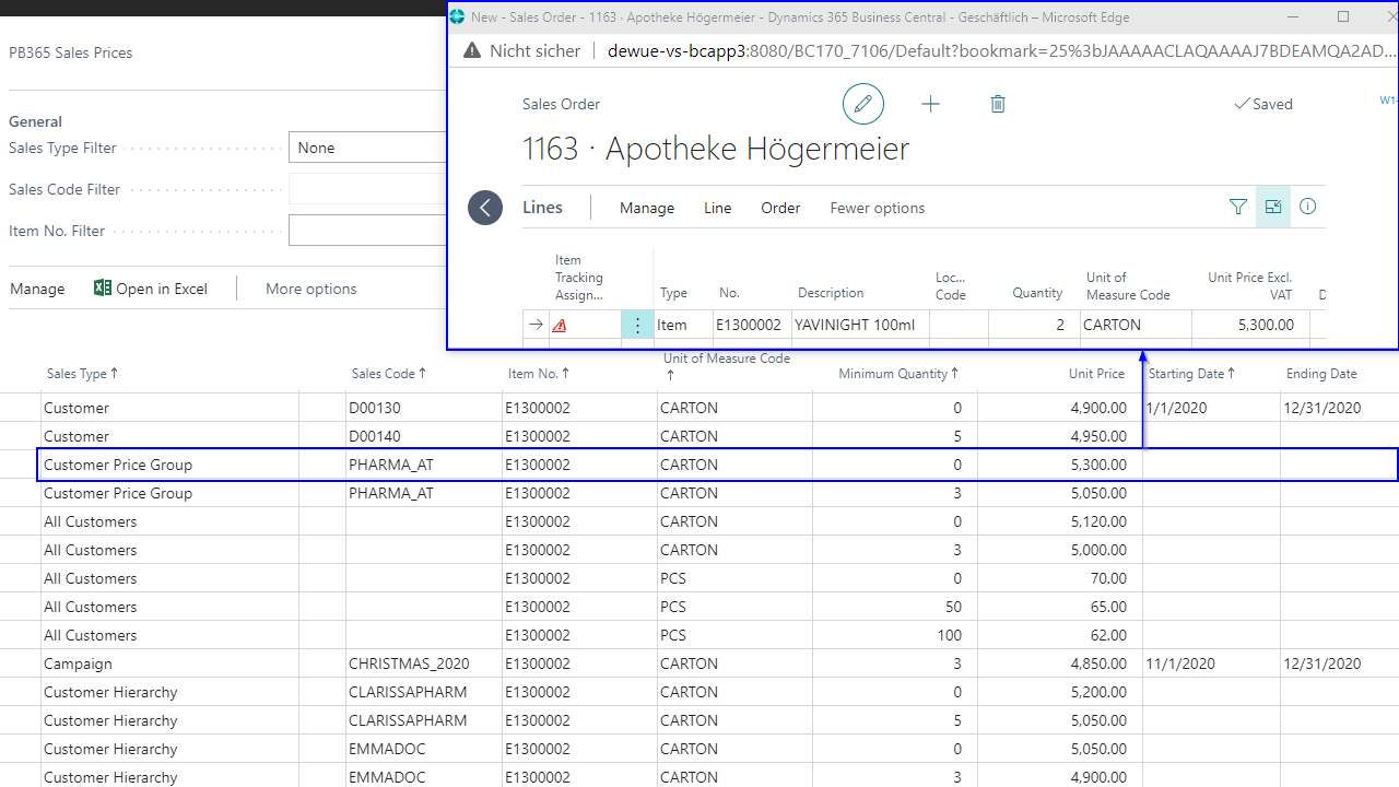 Dynamics 365 Sales Order with Price List comparison.