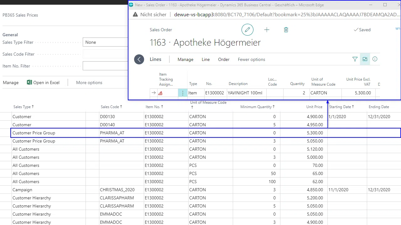 Dynamics 365 Sales Order with Price List comparison.