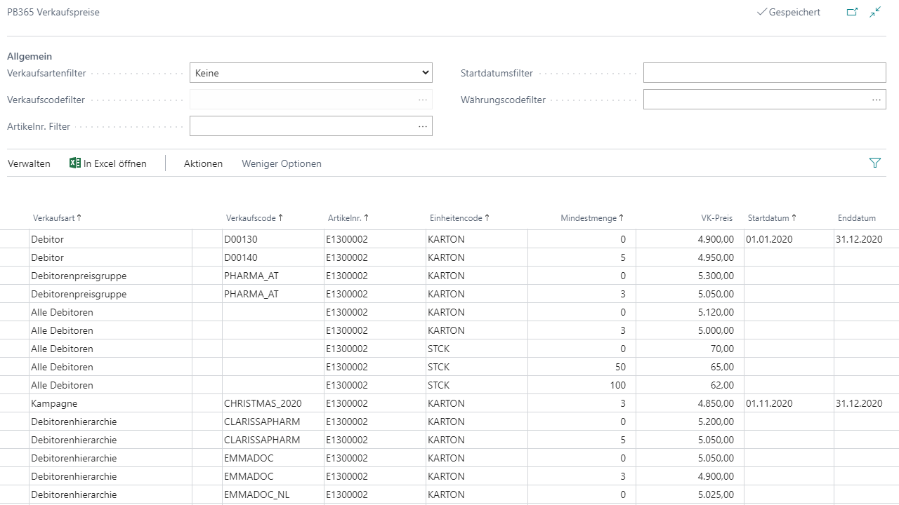Sales prices data table with various filters and codes.