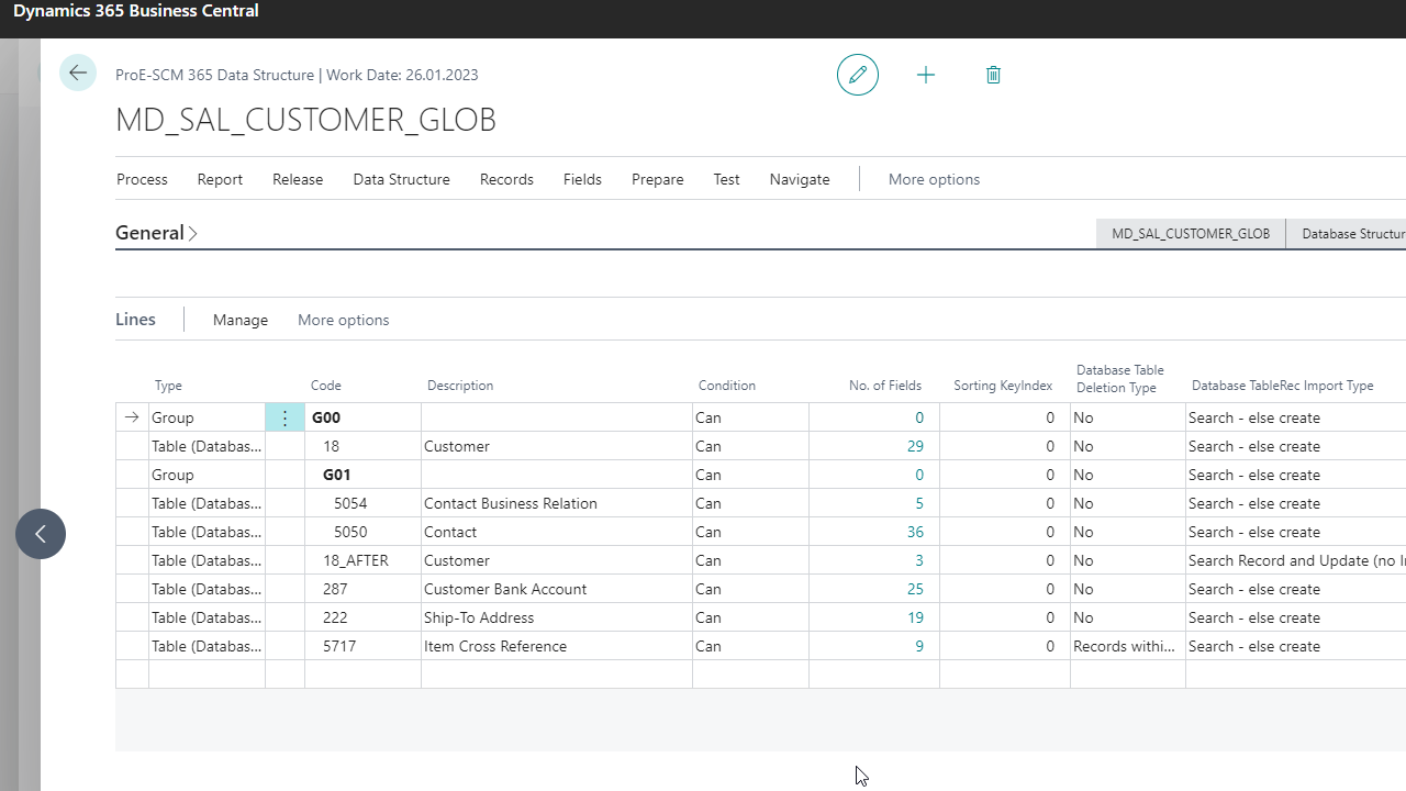 Dynamics 365 screen showing database table structure details.