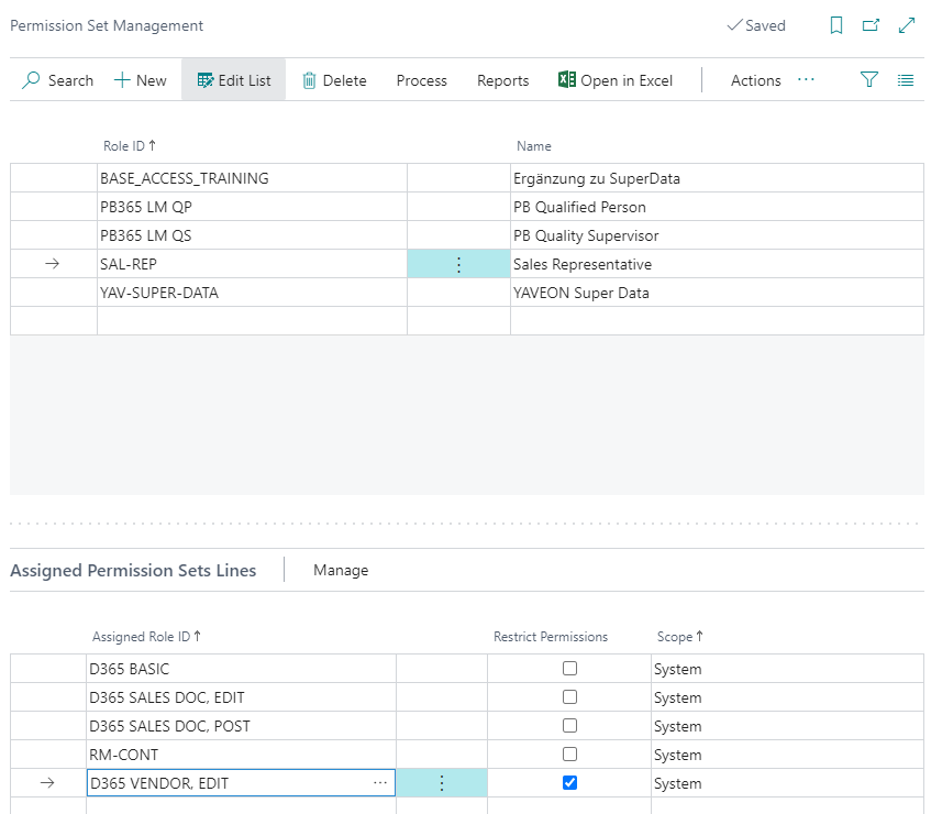 Permission set management interface with roles and permissions.