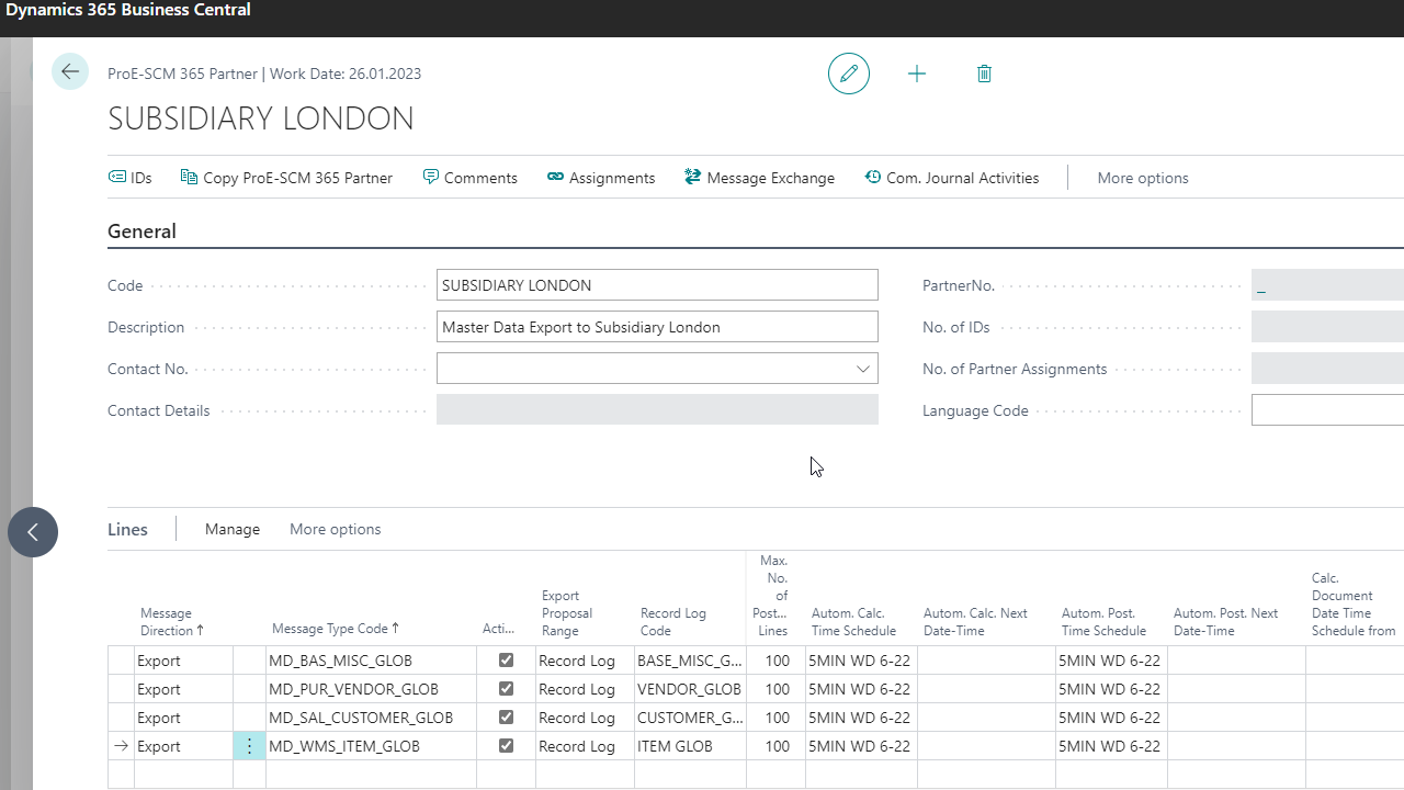 Dynamics 365 Business Central interface for subsidiary master data export.