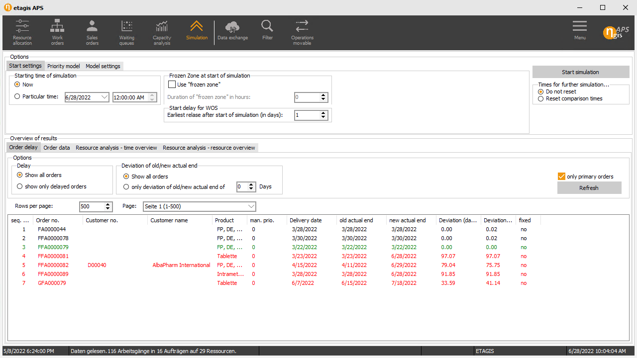 Etagis APS software interface displaying order simulation results.