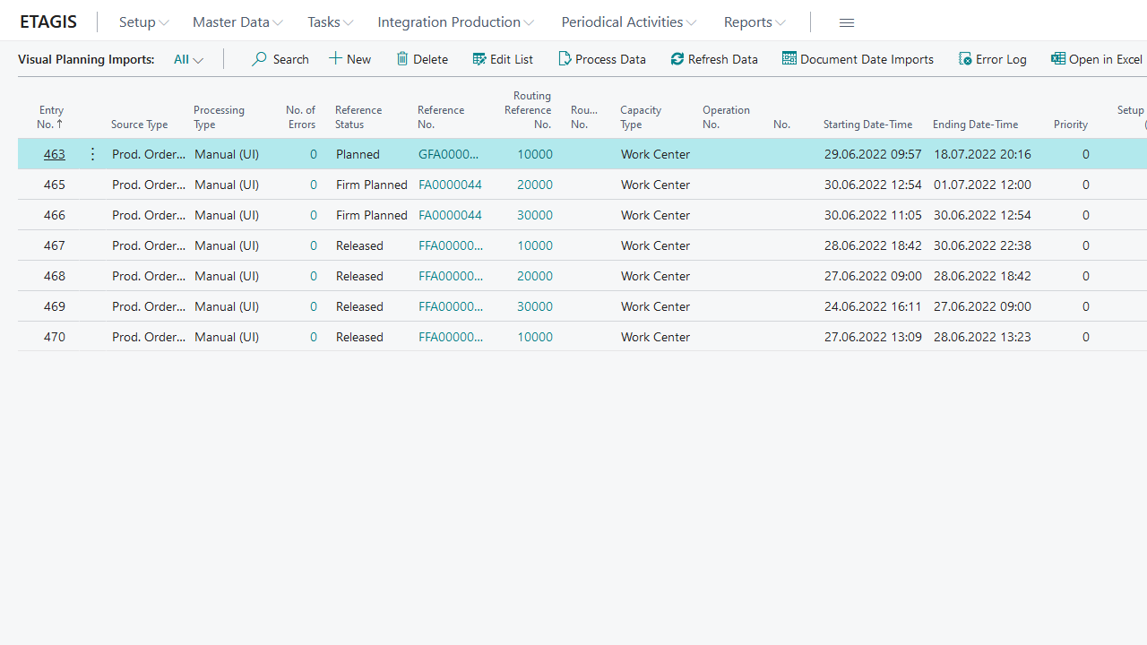 Production order list in ETAGIS software interface.