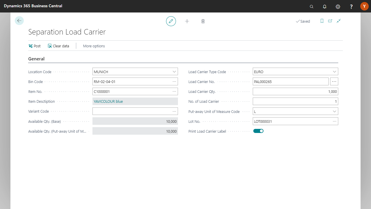 Dynamics 365 Business Central Separation Load Carrier screen.