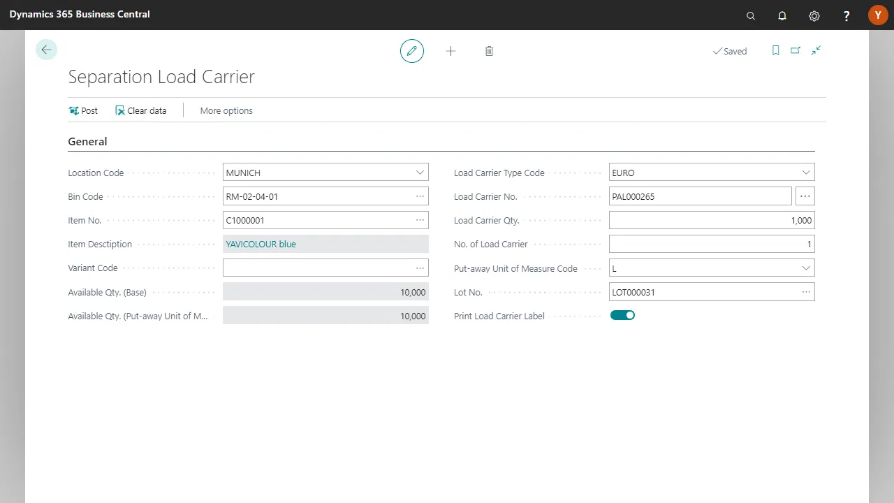 Dynamics 365 Business Central Separation Load Carrier screen.