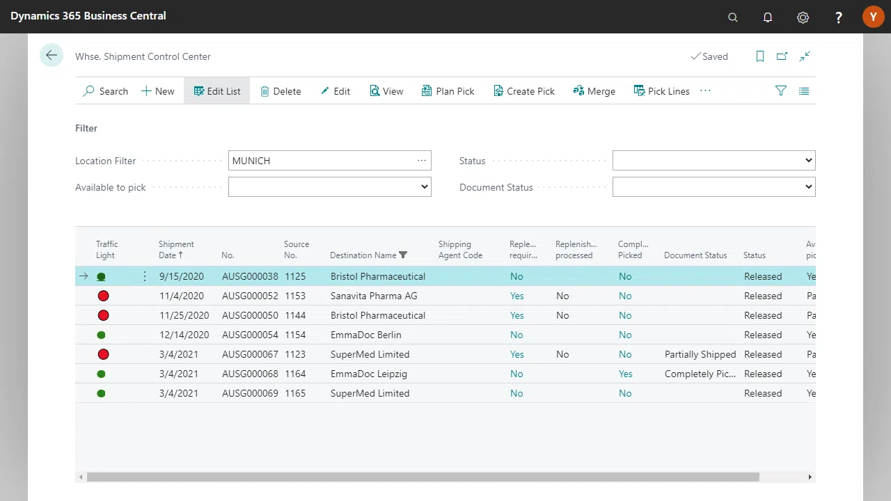 Dynamics 365 Business Central shipment control screen.