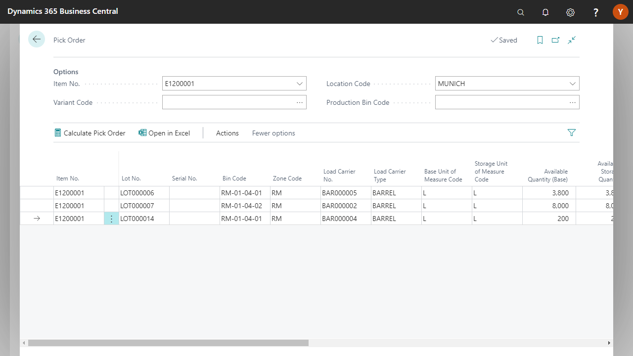 Dynamics 365 Business Central pick order screen.