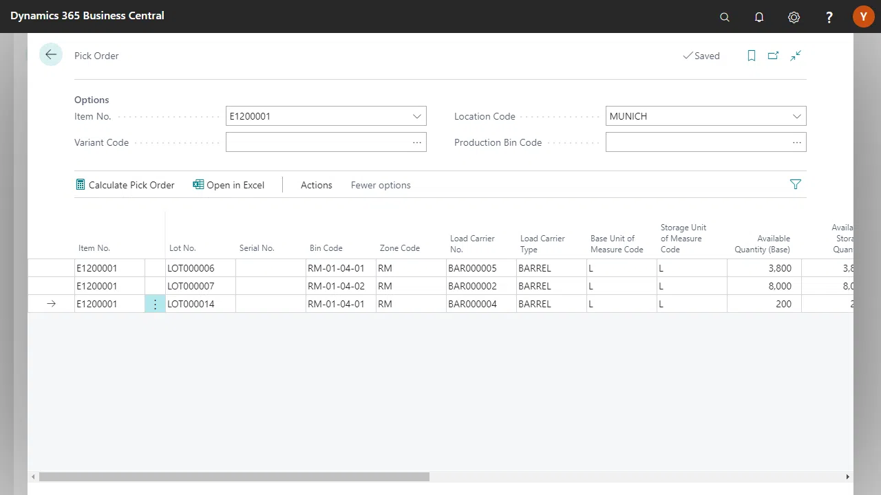 Dynamics 365 Business Central pick order screen.