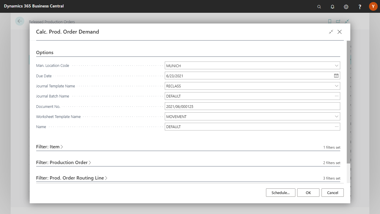 Dynamics 365 Business Central production order demand settings.