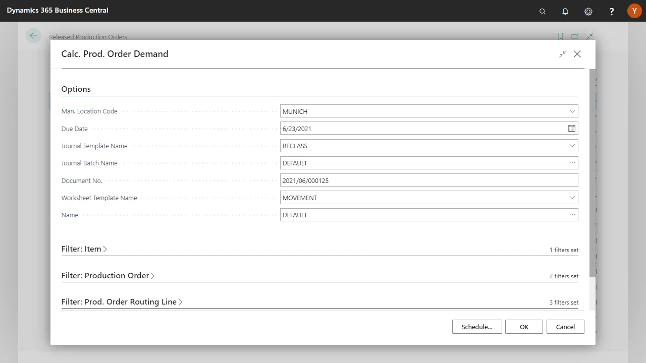 Dynamics 365 Business Central production order demand settings.