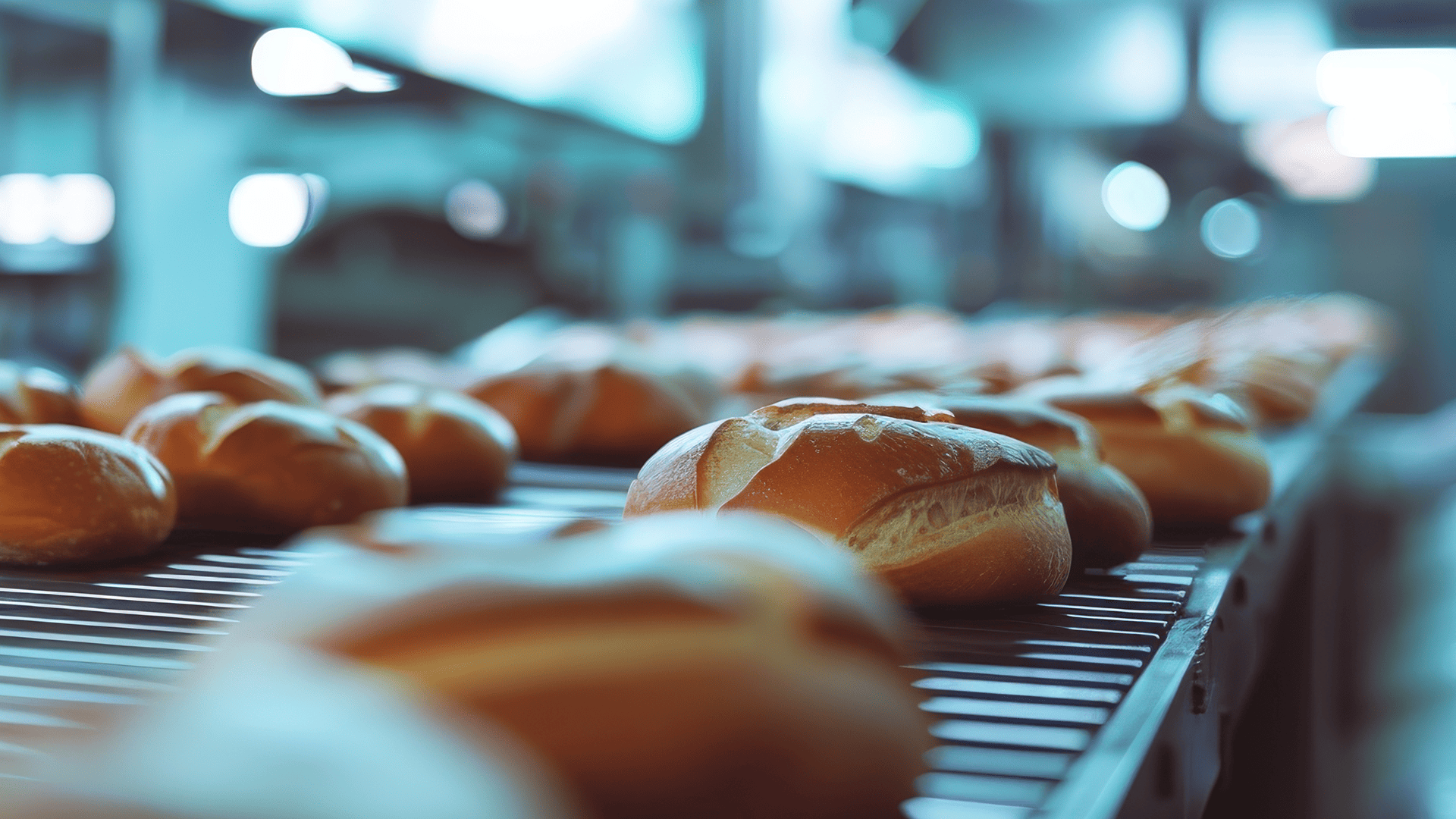 Frische Brötchen auf einem Fließband in einer Bäckerei.