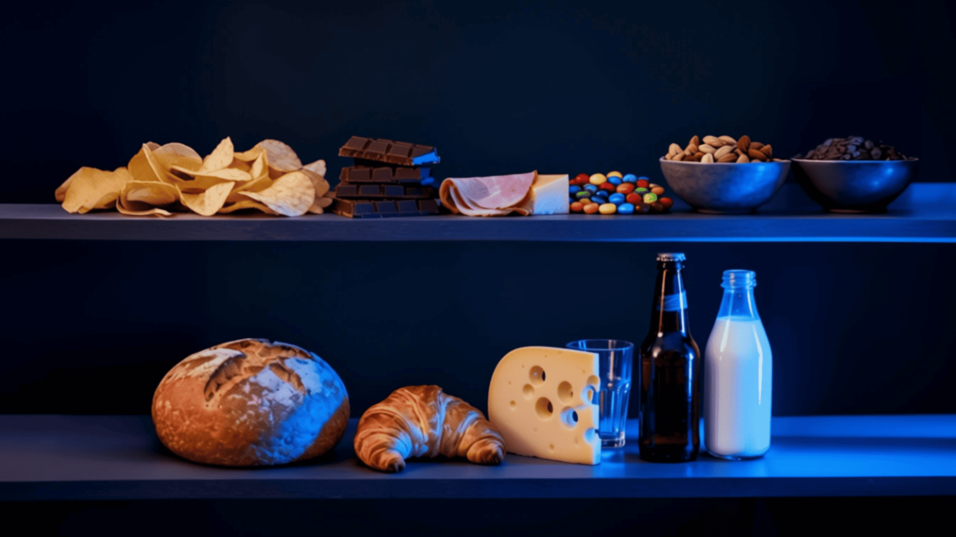 Various snacks and beverages on shelves.