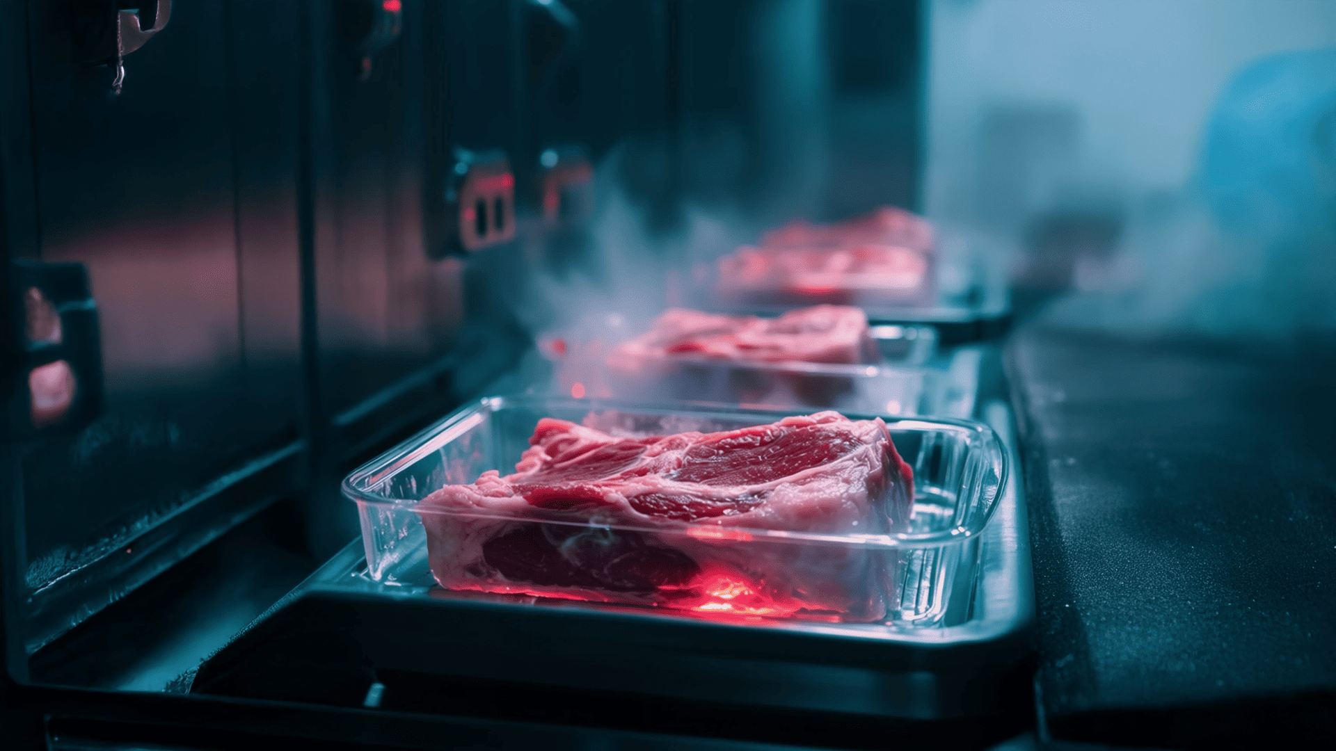 Frisches Fleisch in Glasbehältern auf heißen Kochplatten.