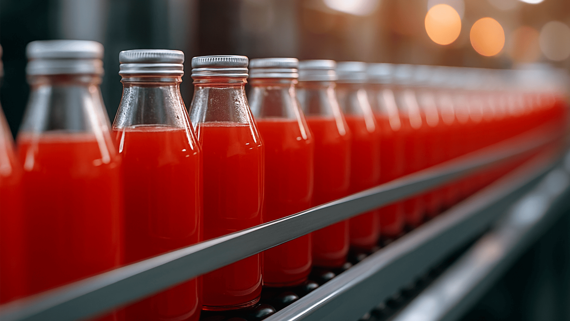 Reihe von roten Saftflaschen auf einem Förderband.
