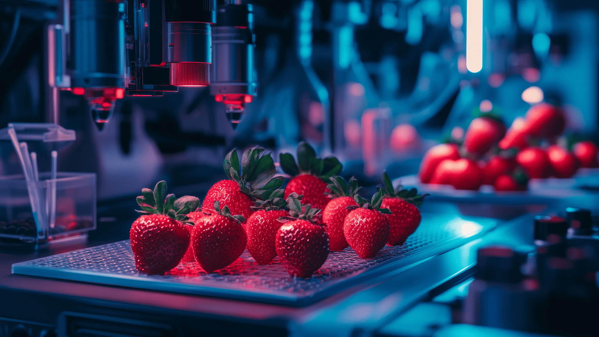 Frische Erdbeeren in High-Tech-Fertigungslinie unter blauen und roten Lichtern