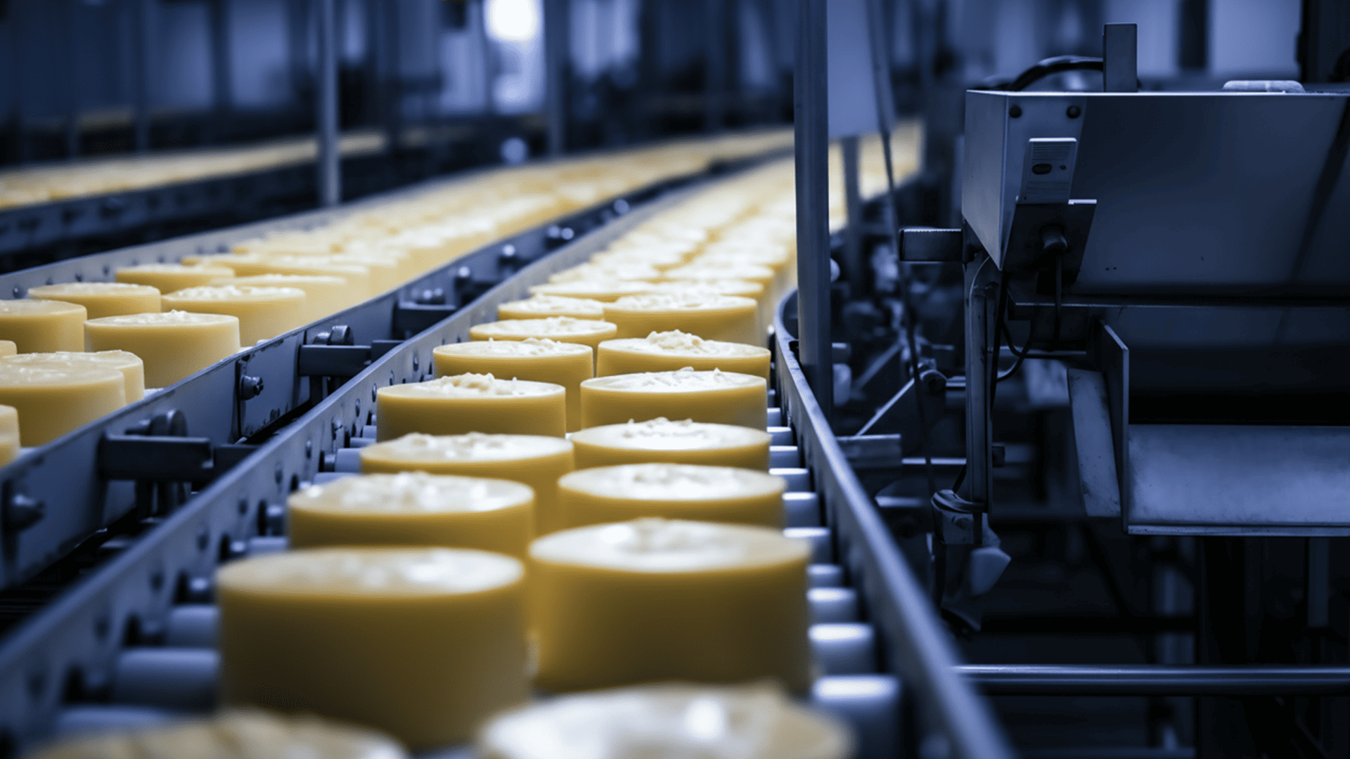 Käseproduktion auf einem Förderband in einer Fabrik.