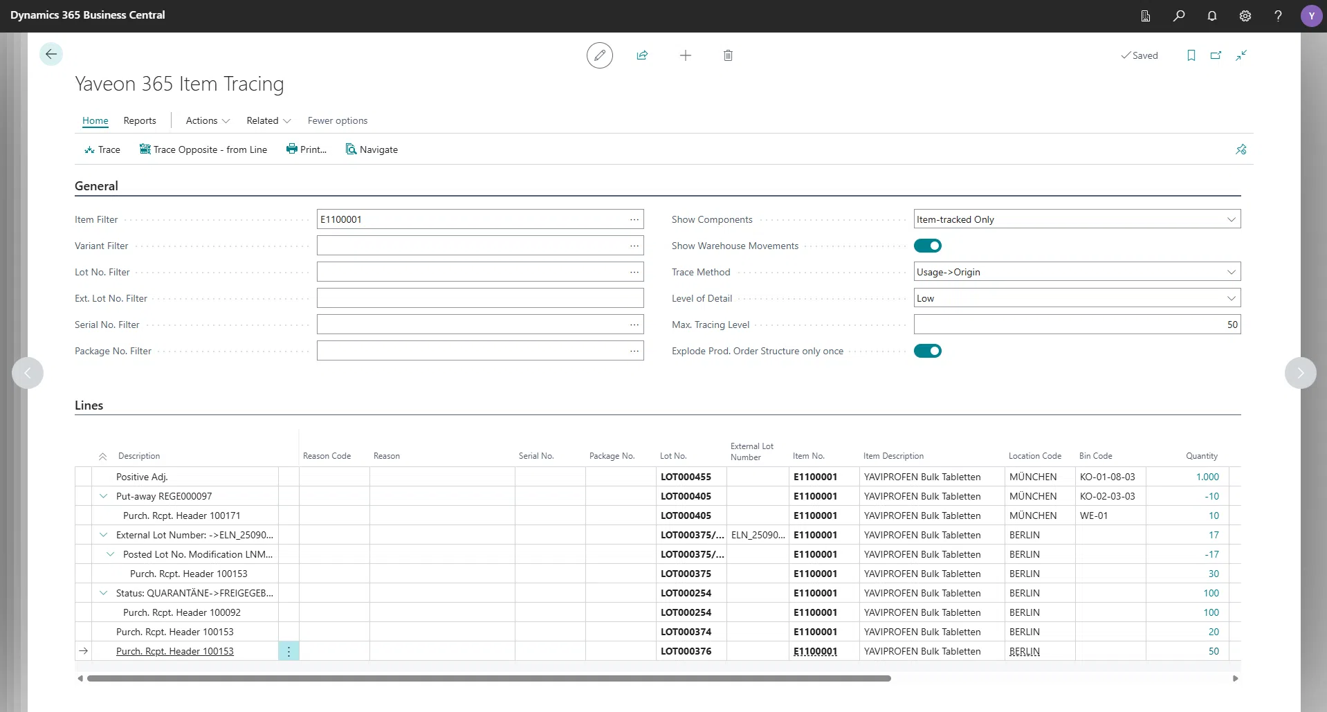 Yaveon 365 item tracing dashboard in Dynamics 365 Business Central.