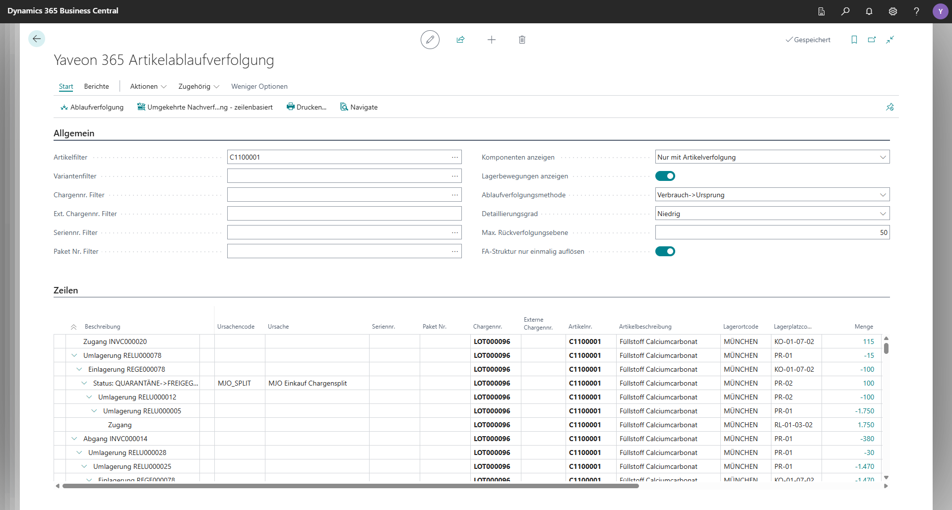 Dynamics 365 Business Central Artikelablaufverfolgung Bildschirm.