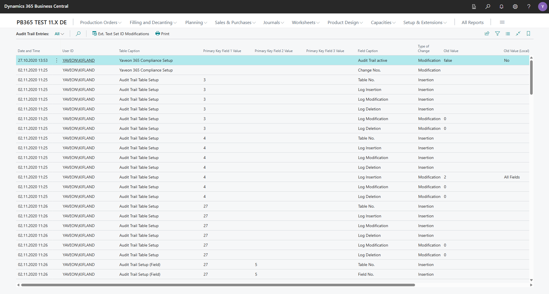 Dynamics 365 Business Central Audit Trail Entries Screen