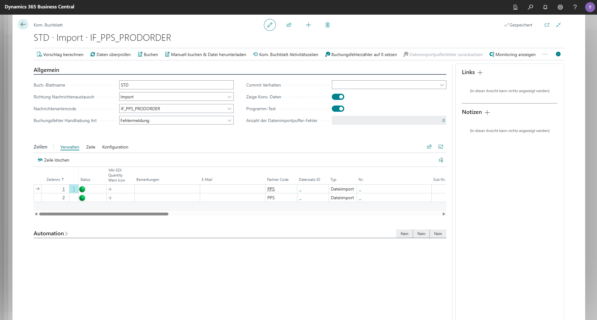 Dynamics 365 Business Central Buchblatt-Import-Ansicht