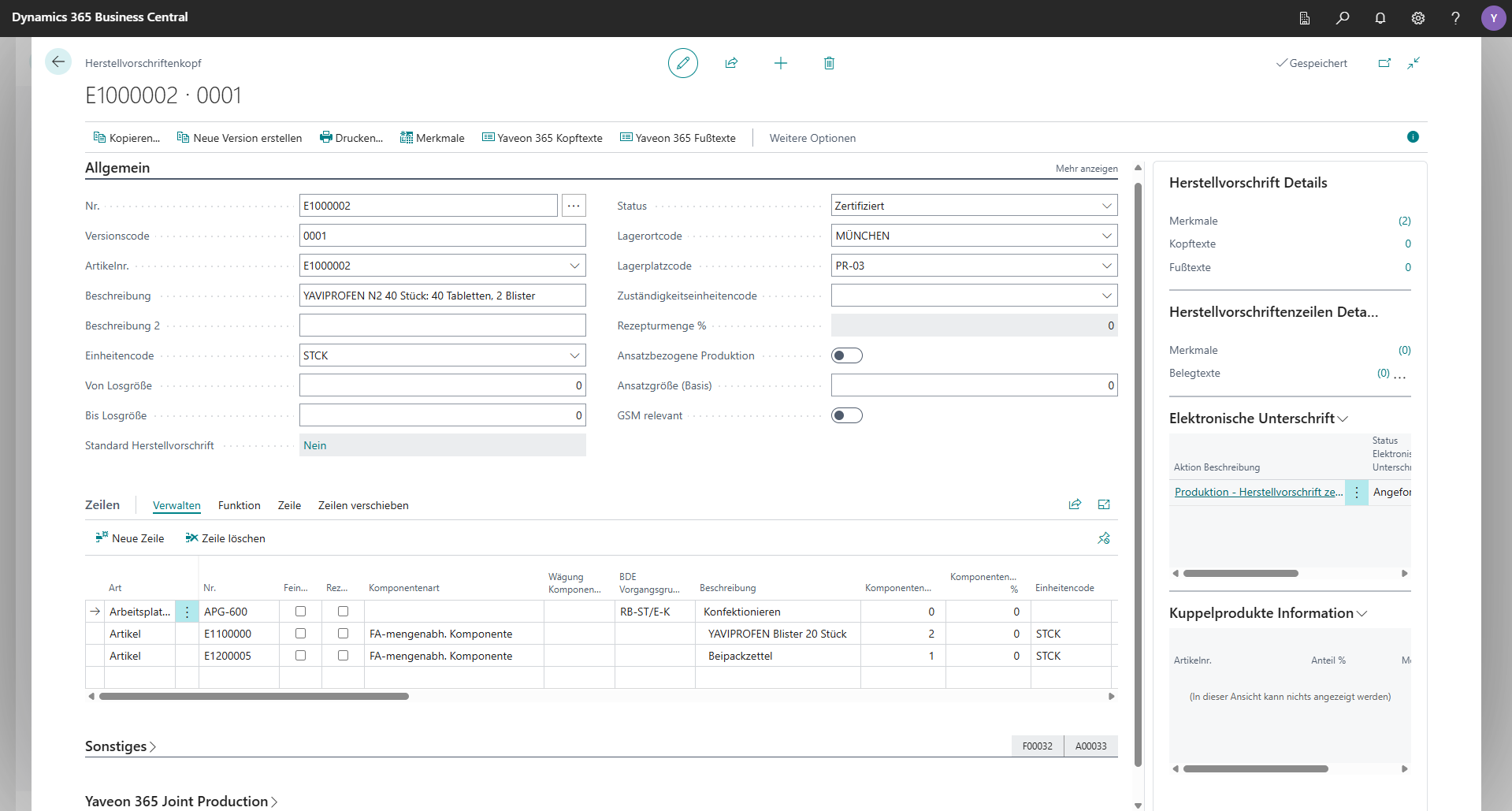 Dynamics 365 Business Central, Herstellvorschrift-Ansicht
