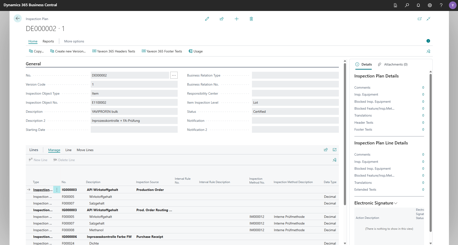 Dynamics 365 Business Central Inspection Plan interface.