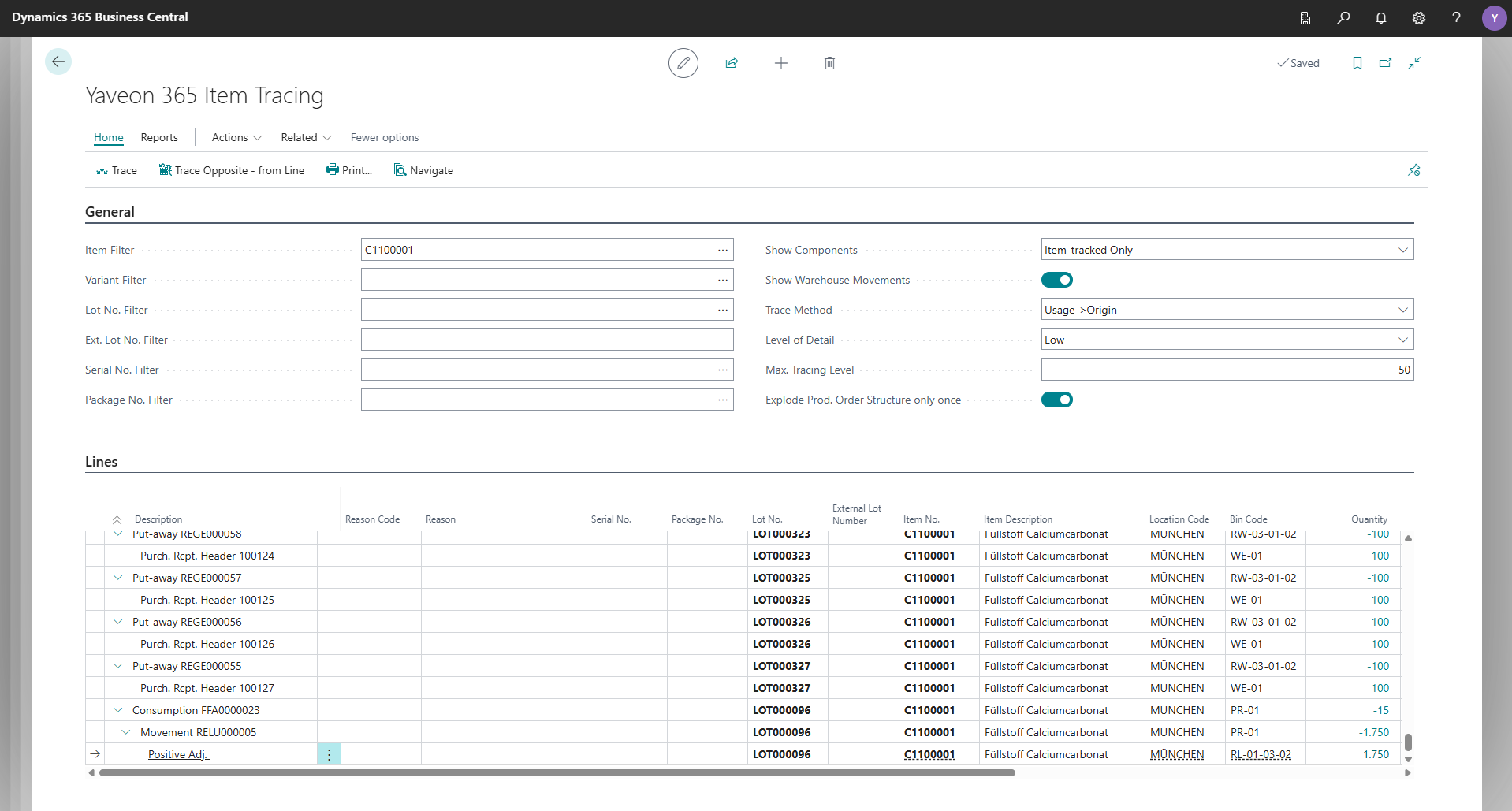Dynamics 365 Business Central interface showing item tracing data.