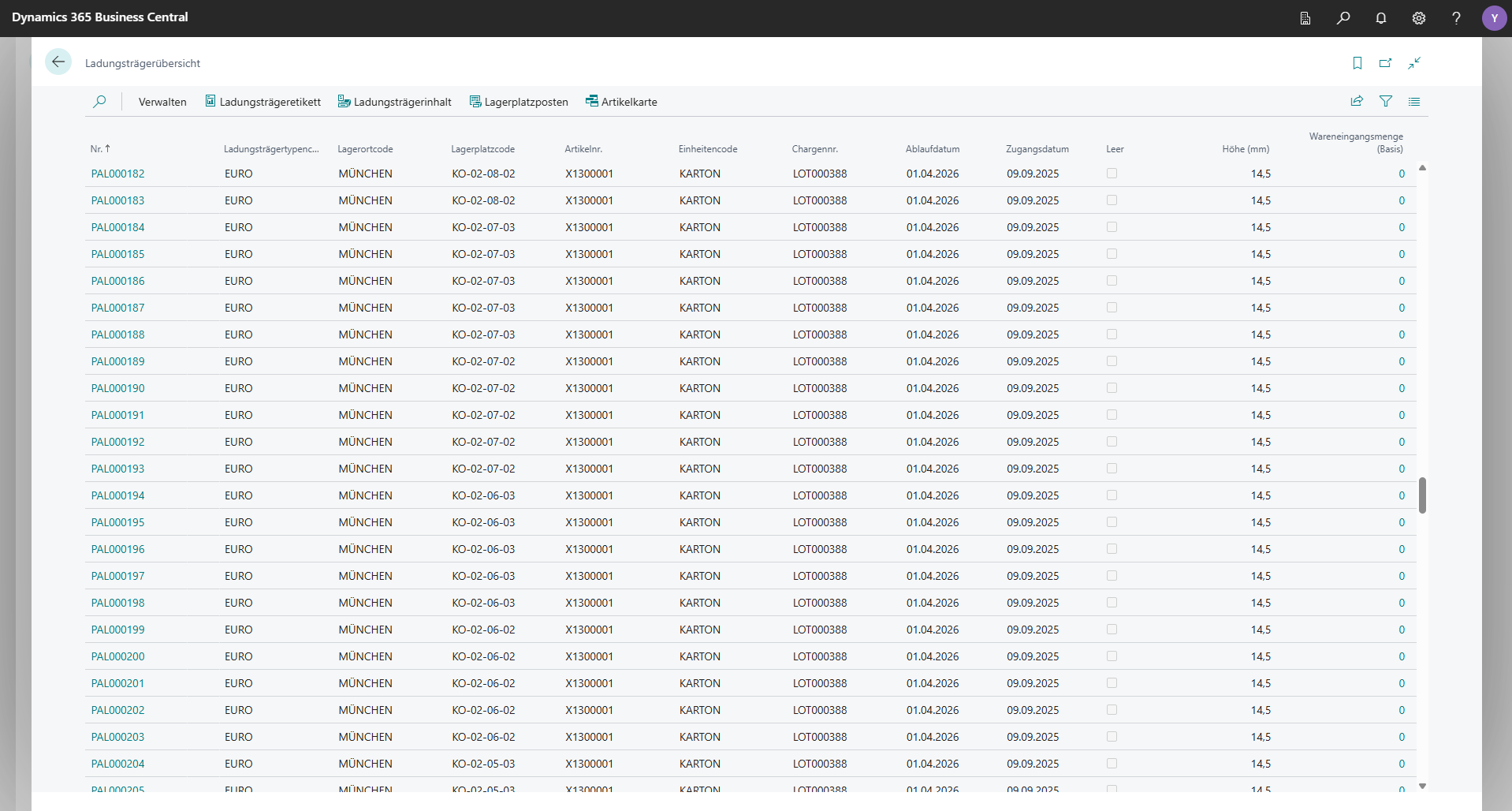 Dynamics 365 Business Central Lagerübersicht mit Paletteninformationen