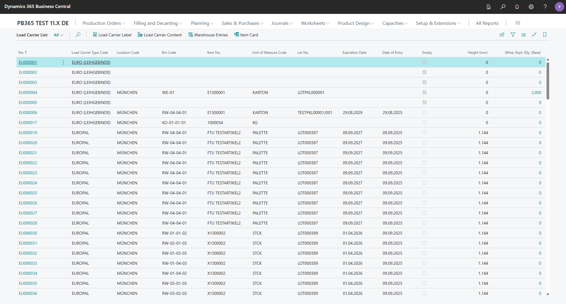 Warehouse inventory list view in Dynamics 365 Business Central.