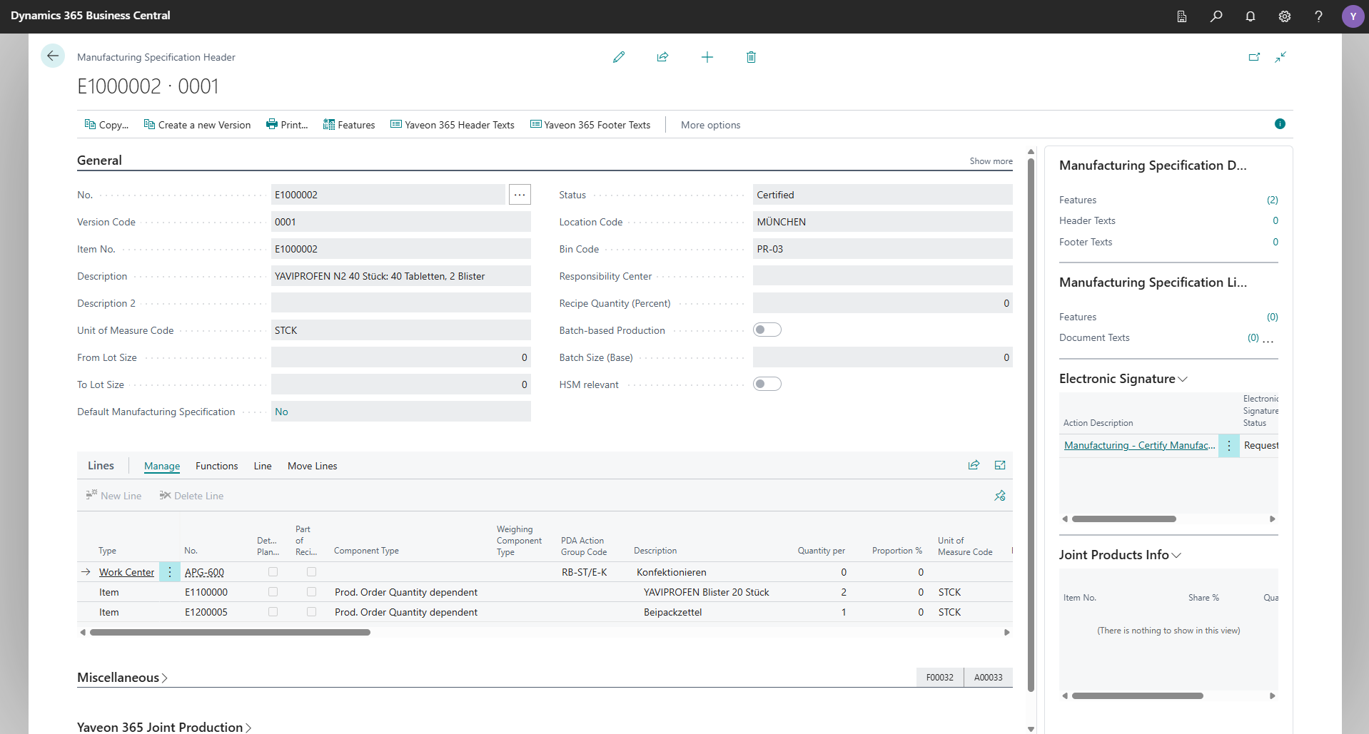 Dynamics 365 Business Central manufacturing specification screen.