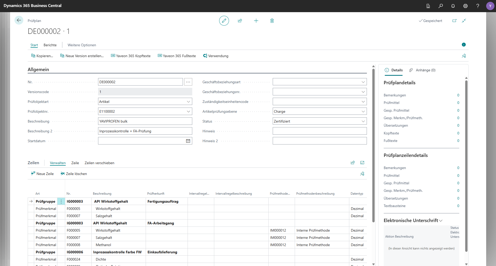 Dynamics 365 Business Central Prüfplan für Artikel DE000002