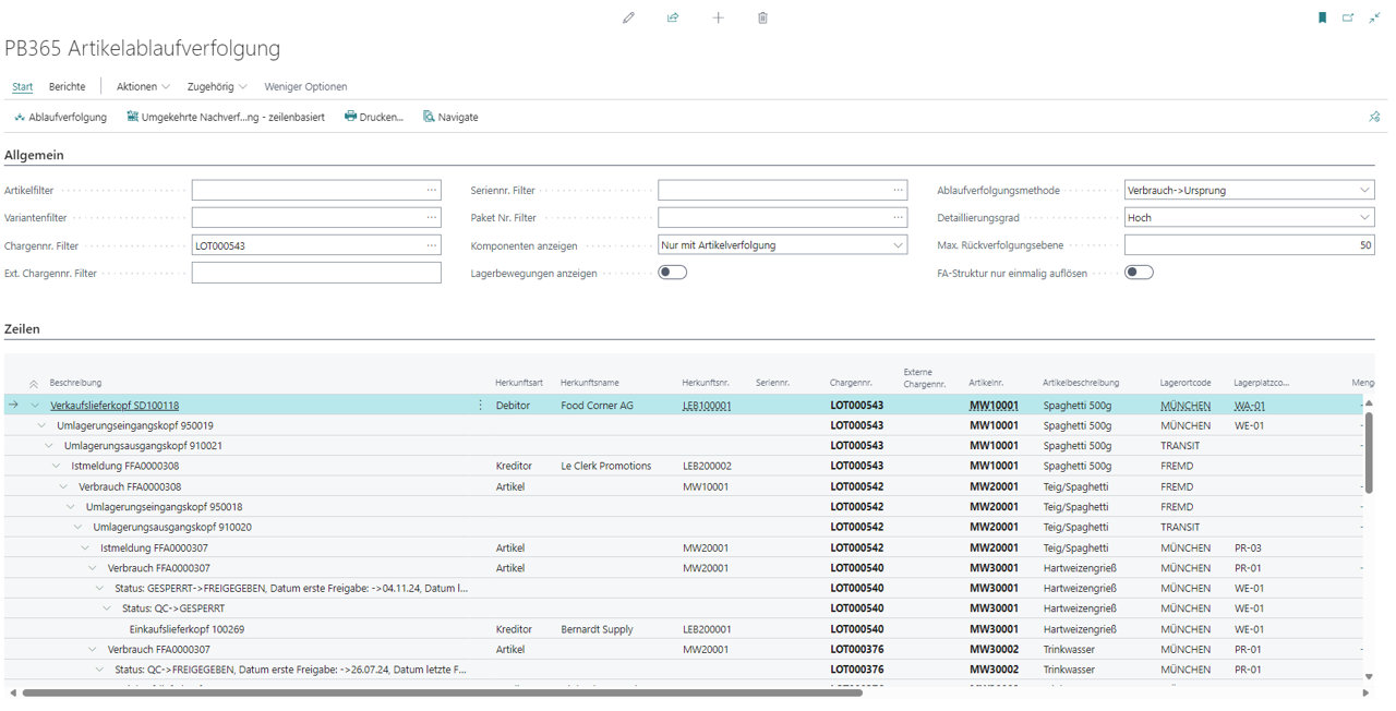 Bildschirmansicht von Artikelablaufverfolgung in Unternehmenssoftware.