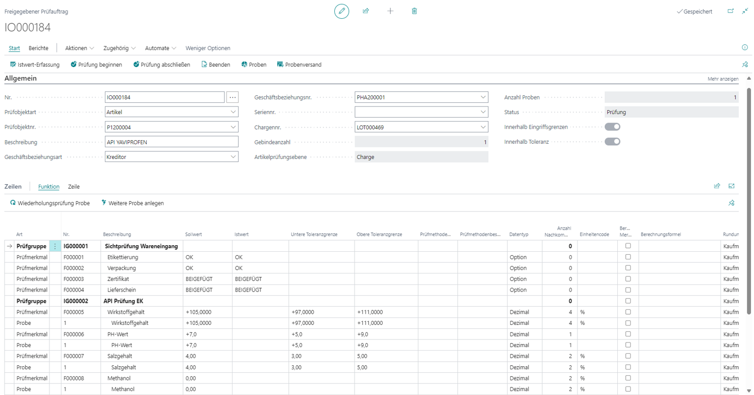 Quality inspection form for product testing in ERP system.