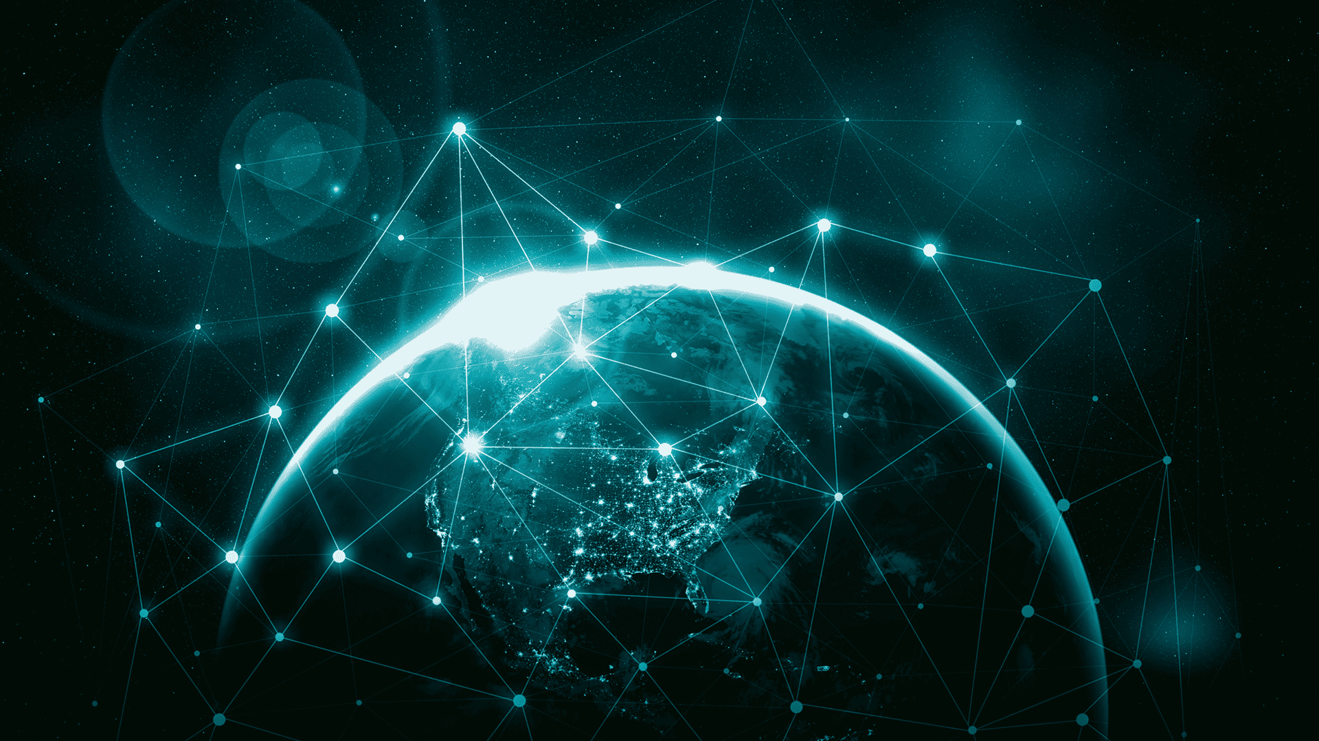 Verknüpfte Lichtpunkte über der Erde symbolisieren globale Netzwerke.