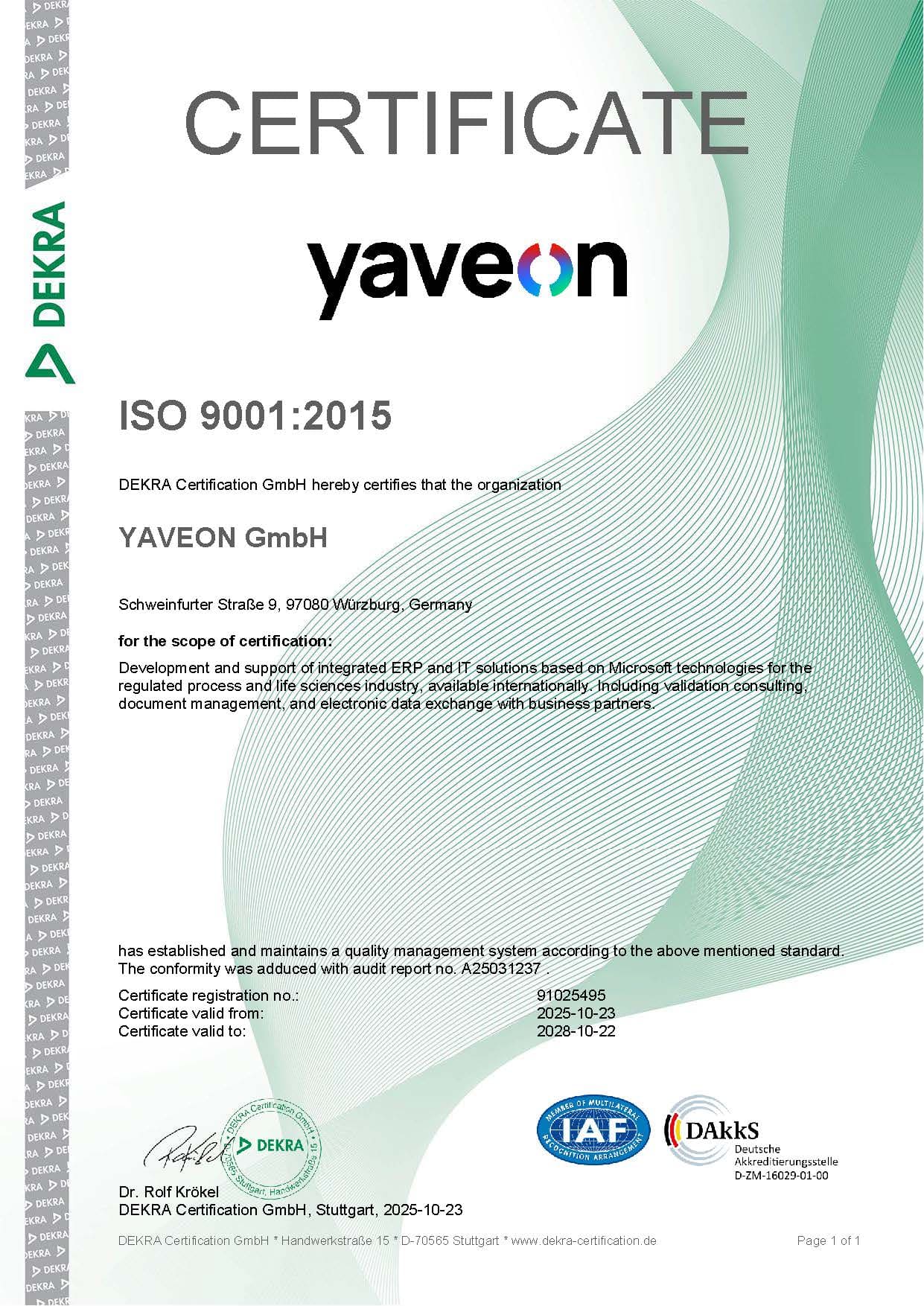Certificate confirming successful completion of ISO 9001 certification