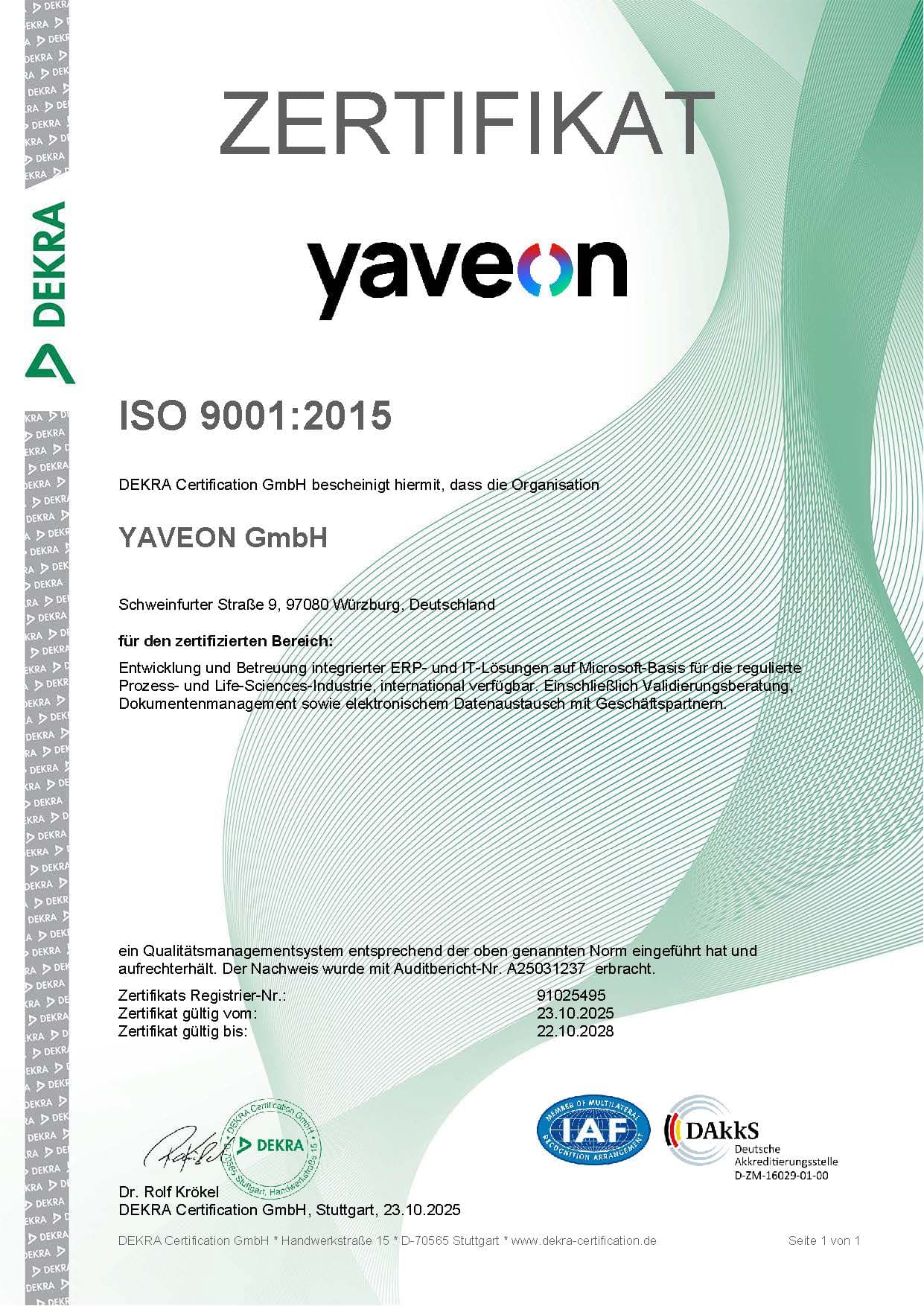 Zertifikat über die bestandene ISO 9001 Zertifizierung