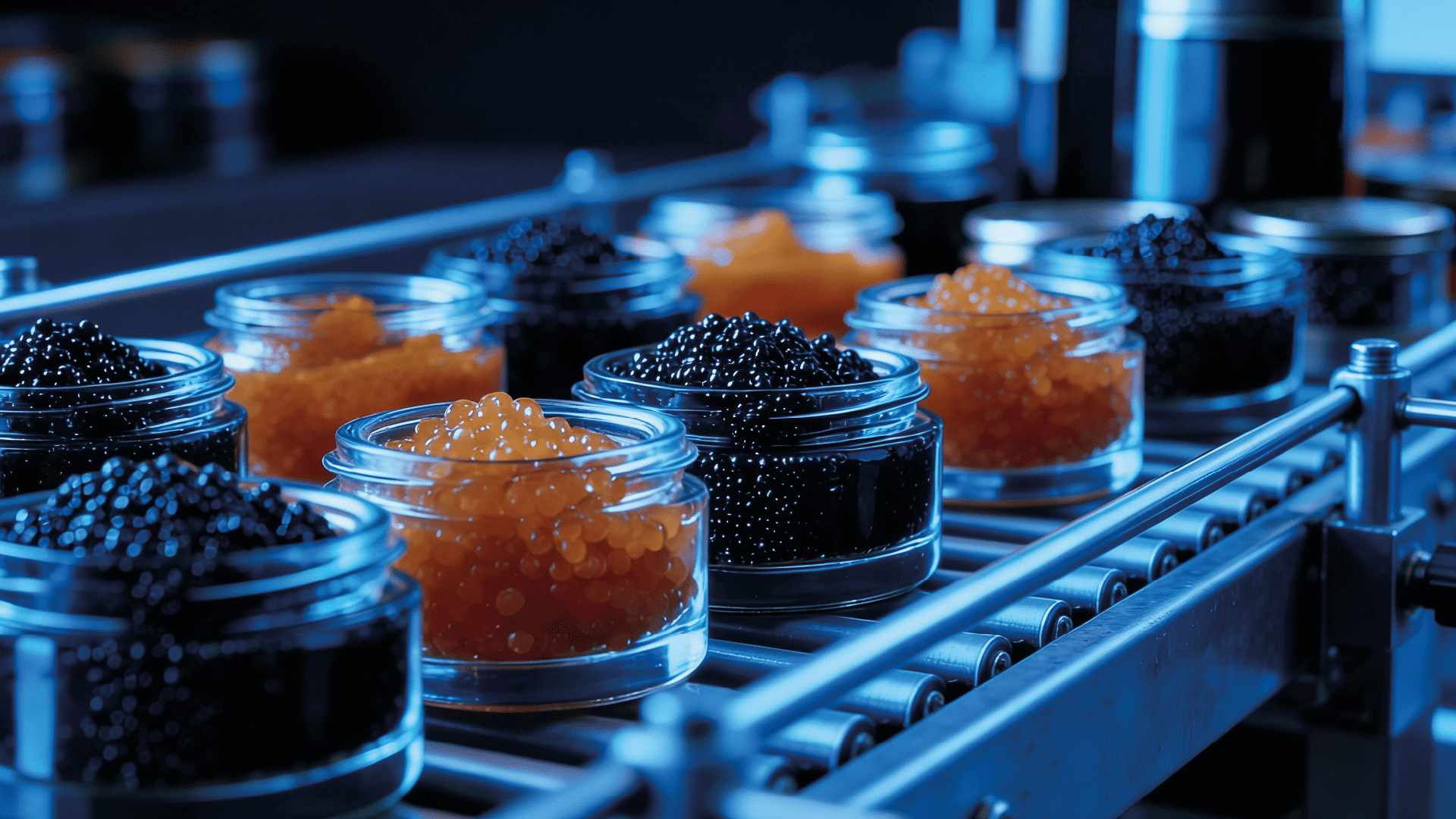 Jars with black and red caviar on a conveyor belt.