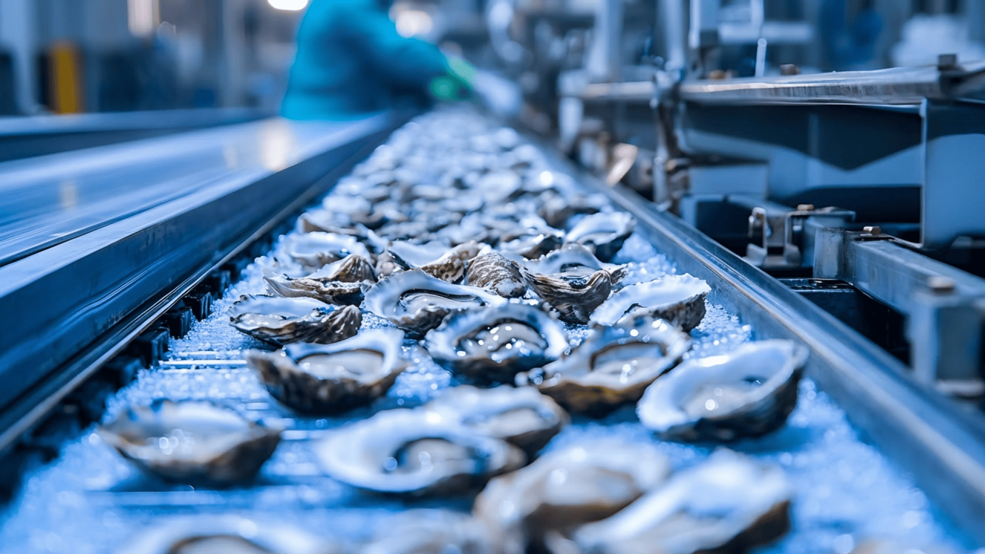 Oysters on a conveyor belt in a production facility