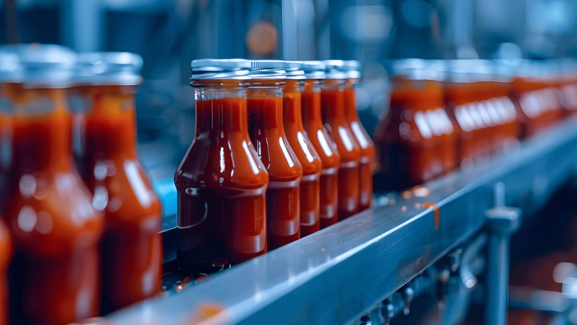 Bottles of tomato sauce on a conveyor belt in a factory.