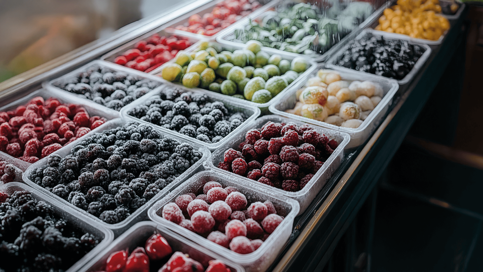 Various frozen fruits in plastic containers at a market stall.