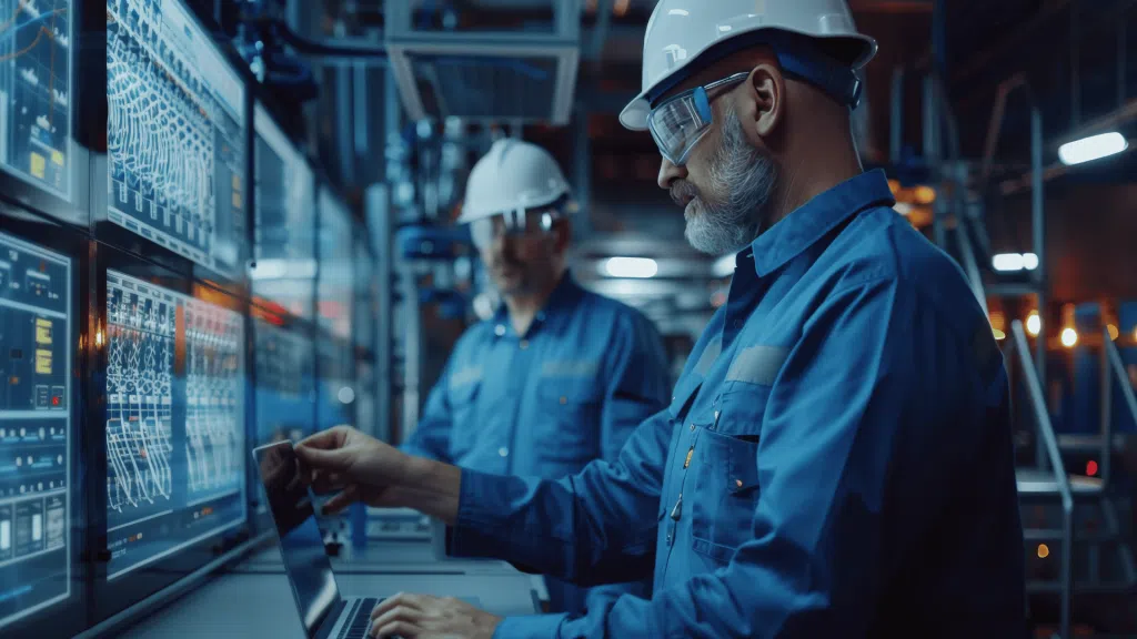 Ingenieure überwachen Prozesse an digitalen Anzeigen in einer Fabrikumgebung.