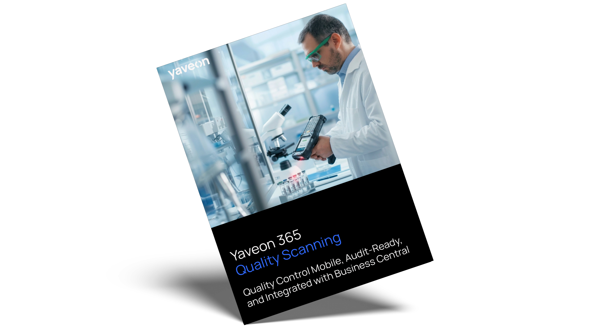 Whitepaper mock-up showing a person in a laboratory using a scanner in front of a microscope