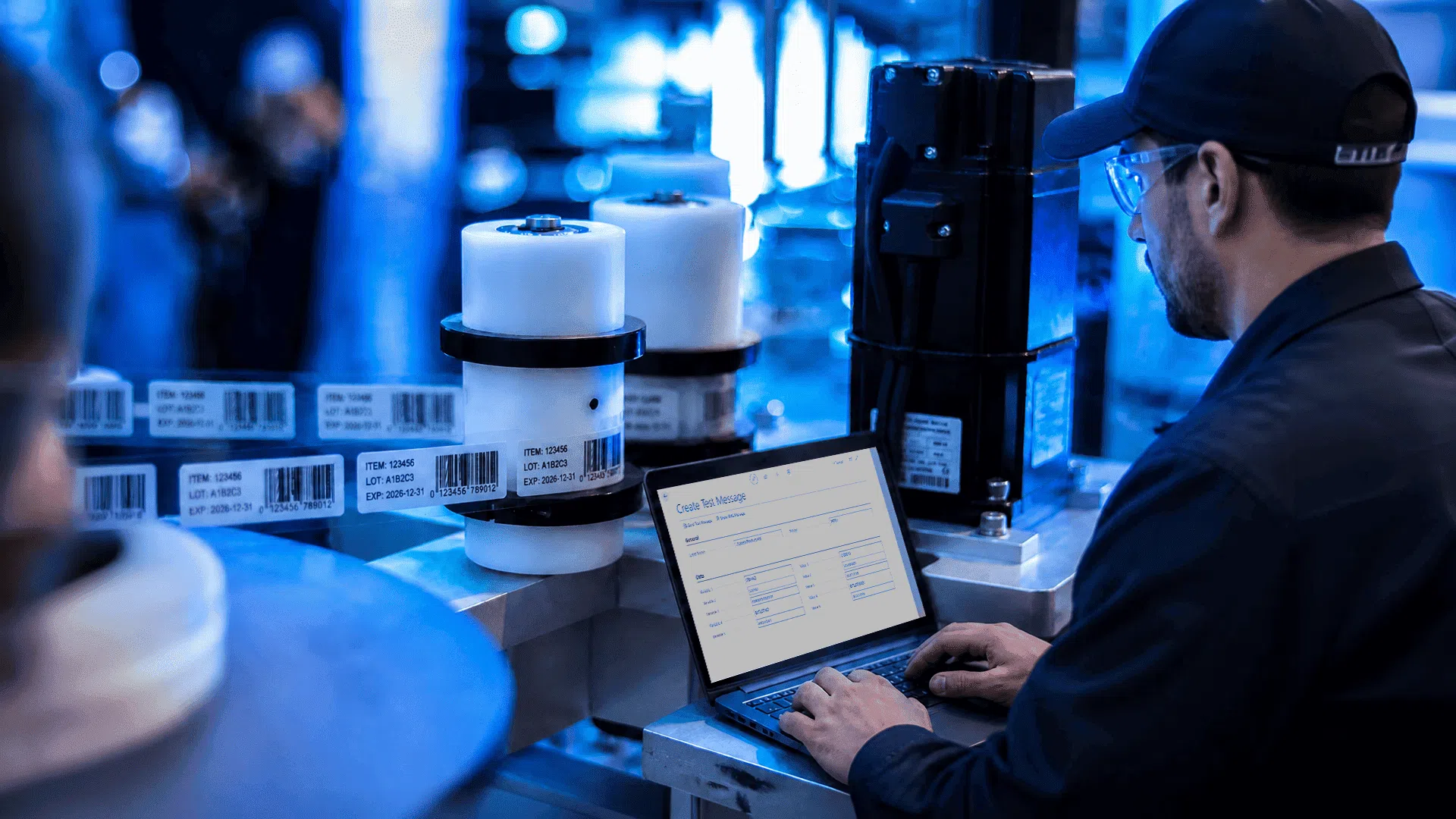 Arbeiter mit Laptop in Fabrik überwacht Produktionsprozess.