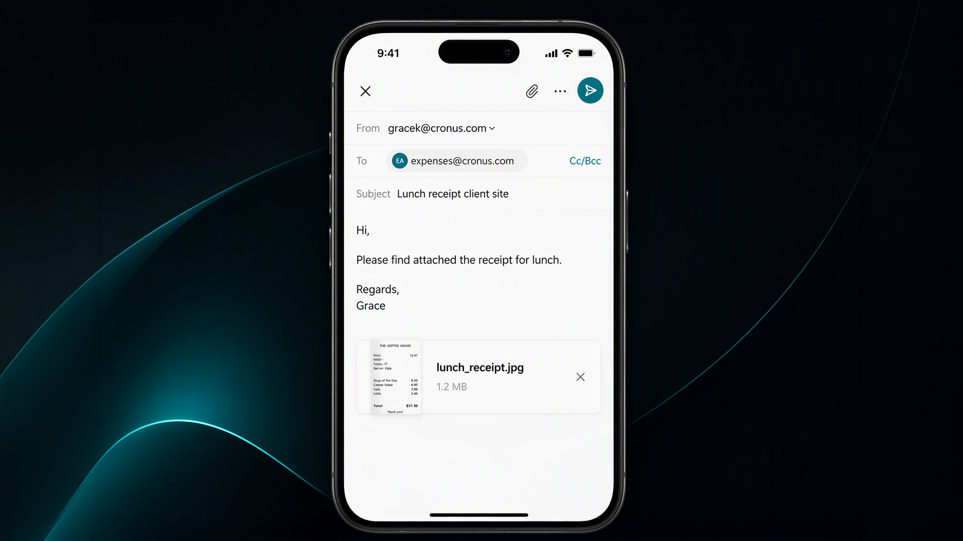 Smartphone zeigt E-Mail mit angehängtem Essensbeleg.